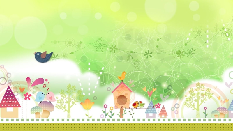abstract, green, bird, 3d and abstract, whimsical, beige, trees, wall, summer, 1080P, firefox persona, bird houses, flowers, paper, white, houses