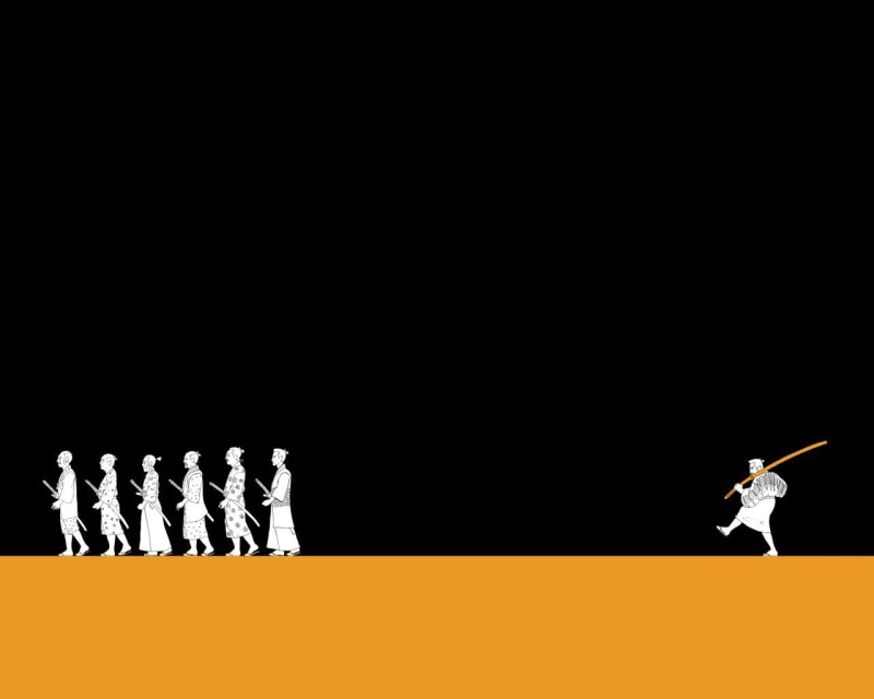 forward, performance, samurai, one person, music, walking, indoors, standing, artwork, skill, black background, stage, man, in a row, playing, string instrument