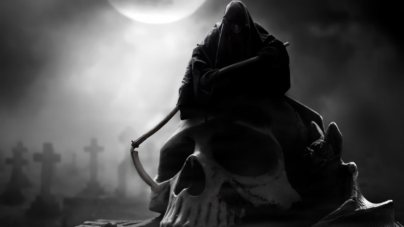 1080P, death, Grim Reaper, skull, monochrome, fantasy art