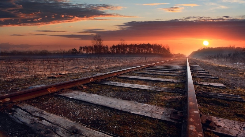 plant, tree, connection, track, horizon, railways, railroad track, cloud, evening, direction, landscape, sunset, beauty in nature, rail transportation