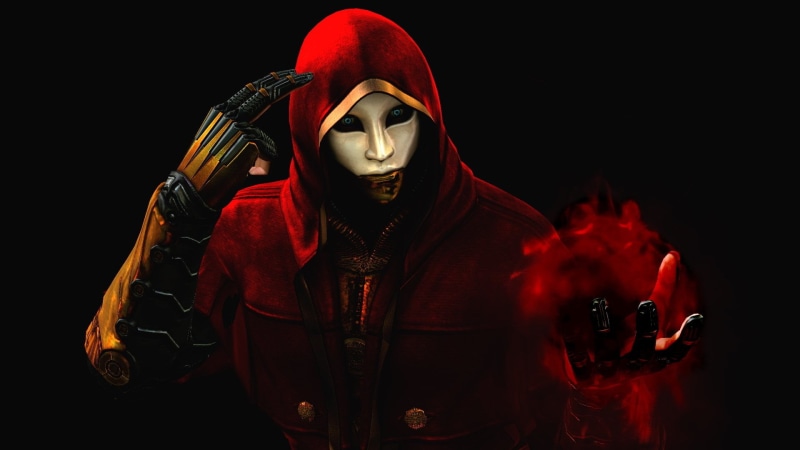 waist up, standing, celebration, red, obscured face, one person, studio shot, Ninja Gaiden, lifestyles, mask, mask - disguise, front view, hood - clothing