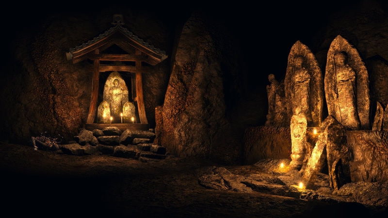 statue, video game art, shrine, cave, underground, screen shot, Sekiro: Shadows Die Twice, 1080P