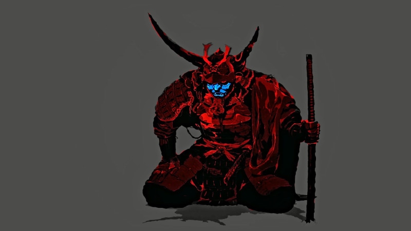minimalism, Cannibal Ox, 1080P, Blade of the Ronin, blue, samurai, red, mask