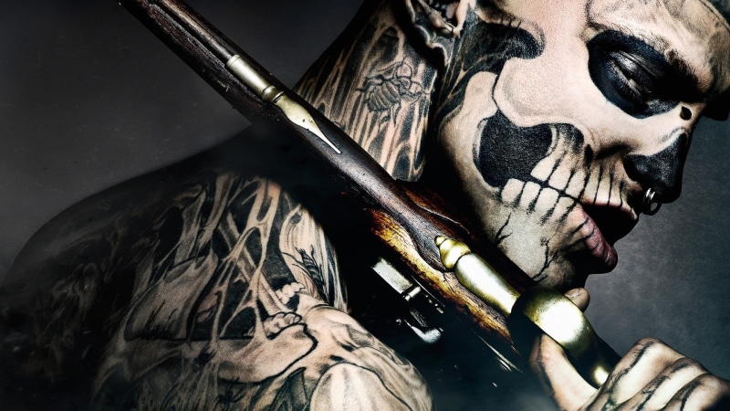 creativity, gun, 47 Ronin, mask, adult, man, bone, indoors, human body part, one person, metal, movies, art and craft, paint, real people, mask - disguise