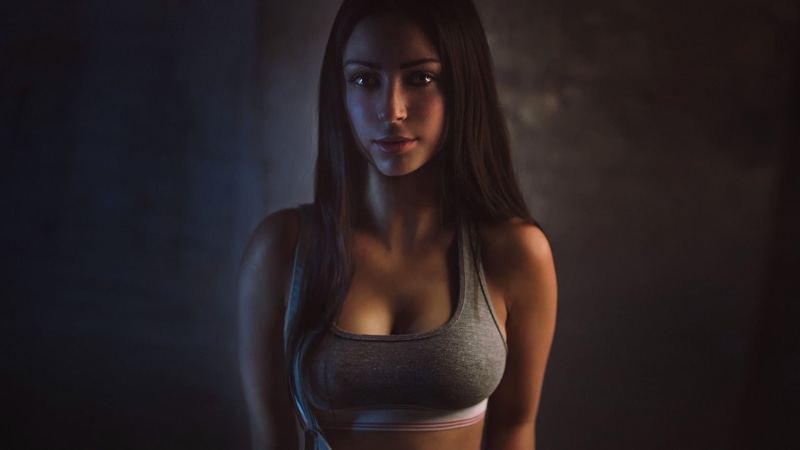 portrait, 1080P, contemplation, clothing, sports clothing, cleavage, brown hair, hair, black background, adult, looking at camera, women, looking at viewer