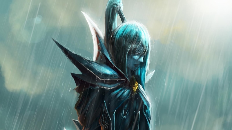 outdoors, Phantom Assassin, women, focus on foreground, hairstyle, rain, dota, headshot, phantom, hair, long hair, rear view, one person, adult, motion