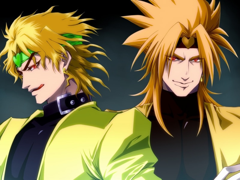indoors, leisure activity, people, headshot, adult, hair, two people, red eyes, blonde, dio brando, yellow, looking at camera, Anime, young women, jojo no kimyou na bouken