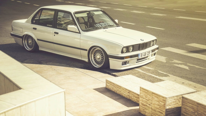 BBS, retro styled, BMW, city, road, street, sedan, vintage car, motor vehicle, sunlight, land vehicle, mode of transportation, no people, luxury, transportation