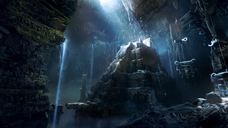 power in nature, outdoors, waterfall, long exposure, water, Tomb Raider, forest, concept art, flowing, beauty in nature, motion, rock, land, rock formation