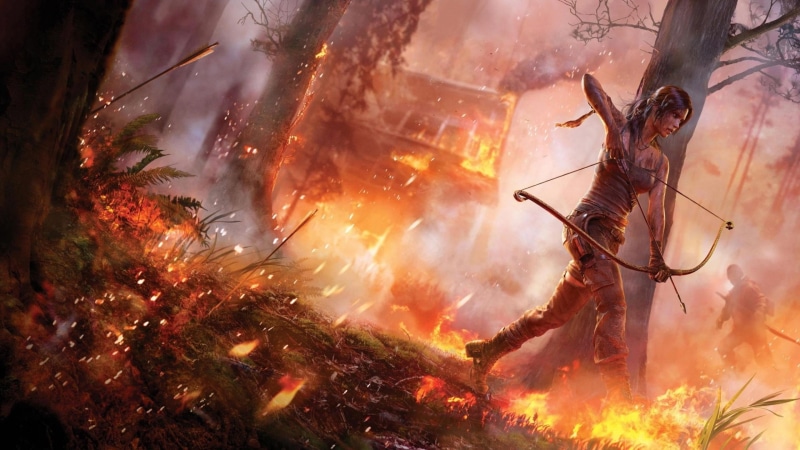 forest, tree, heat - temperature, holding, nature, video games, fire, celebration, Lara Croft, game, 2K, Tomb Raider, fire - natural phenomenon