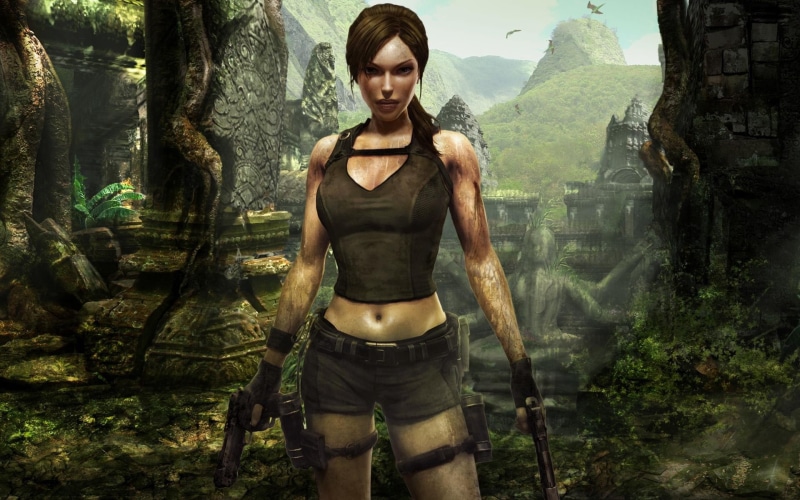 front view, hairstyle, looking at camera, nature, Tomb Raider, tree trunk, casual clothing, Lara Croft, real people, tree, outdoors, forest, one person