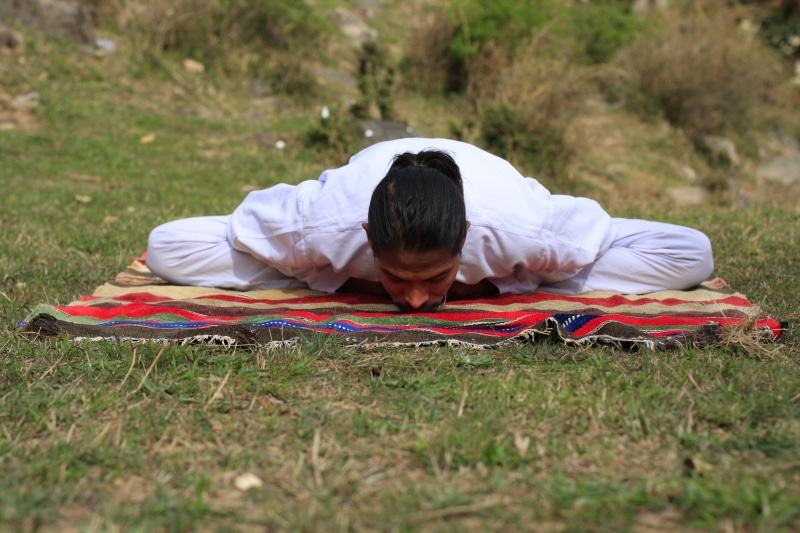 land, field, spiritual, exercise, leisure activity, hands behind head, peaceful, plant, asian, meditating, one person, day, adult, person, grass, yoga