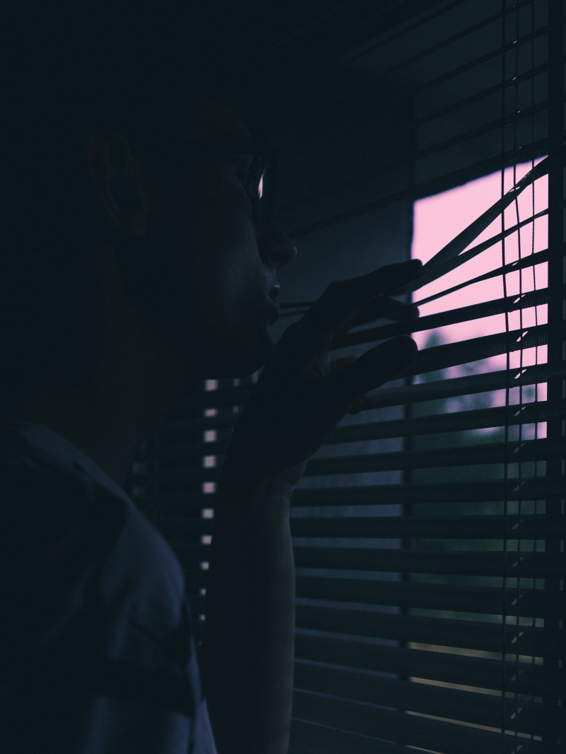 window, silhouette, sunrise, looking out, shadow, human face, human body part, home interior, male, indoors, look, headshot, figure, hand, man, glass, men