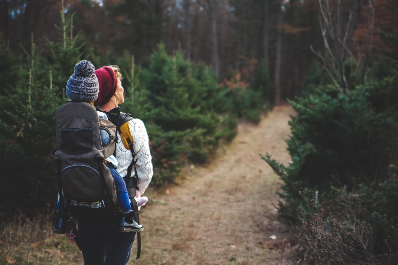rear view, baby, love, long, trail, shallow, adult, leisure activity, positive emotion, warm clothing, plants, landscape, togetherness, women, carrier