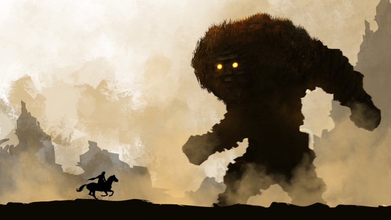 nature, herbivorous, hero, digital composite, mist, motion, battle, riding, Shadow of the Colossus, one animal, creature, 4K, cloud - sky, illustration