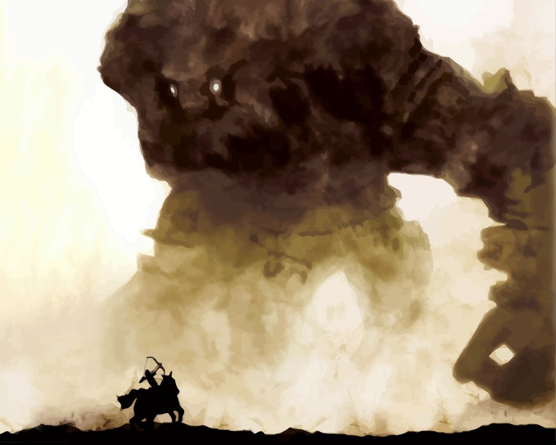 arrow, warning sign, sign, bow, burning, video games, outdoors, smoke - physical structure, golem, communication, lifestyles, sky, leisure activity, Shadow of the Colossus