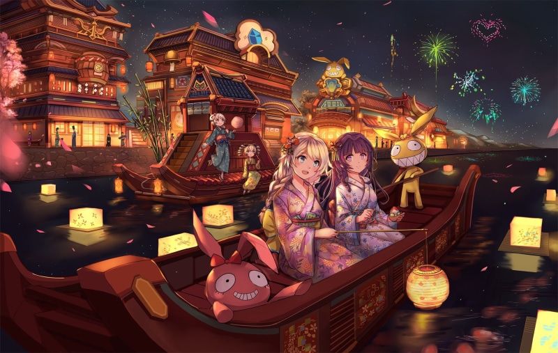 sitting, front view, lifestyles, illuminated, Honkai, amusement park, men, childhood, child, night, 1080P, representation, leisure activity, females, Honkai Impact