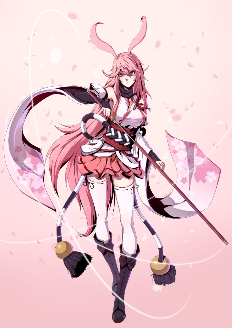 purple, streamer, one person, colored background, Yae Sakura (Honkai Impact), digital composite, low section, women, anime, complexity, indoors, Honkai Impact
