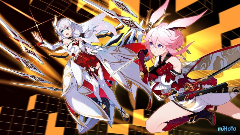 anime girls, artwork, Yae Sakura, white hair, digital art, Yae Sakura (Honkai Impact), 1080P, fantasy weapon, tights, blue eyes, Honkai Impact 3rd, long hair