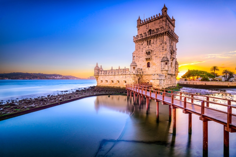 lisbon, waterfront, tower, brown, river, the past, foot, portugal, building, travel, building exterior, dusk, sky, reflection, architecture, wooden, illuminated