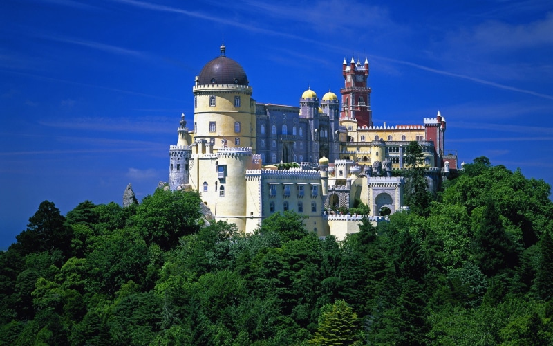 nature, tower, Castelo dos Mouros, Lisbon, Portugal, castle, rock, Sintra, 1080P, building, architecture, clouds, forest, dome