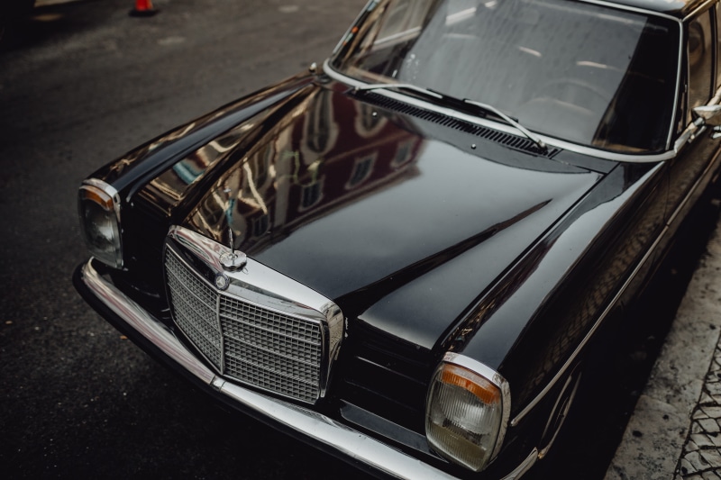 retro styled, old, portuguese, city, parked, focus on foreground, 5K, metal, lisbon, black car, close-up, outdoors, day, silver colored, mode of transportation
