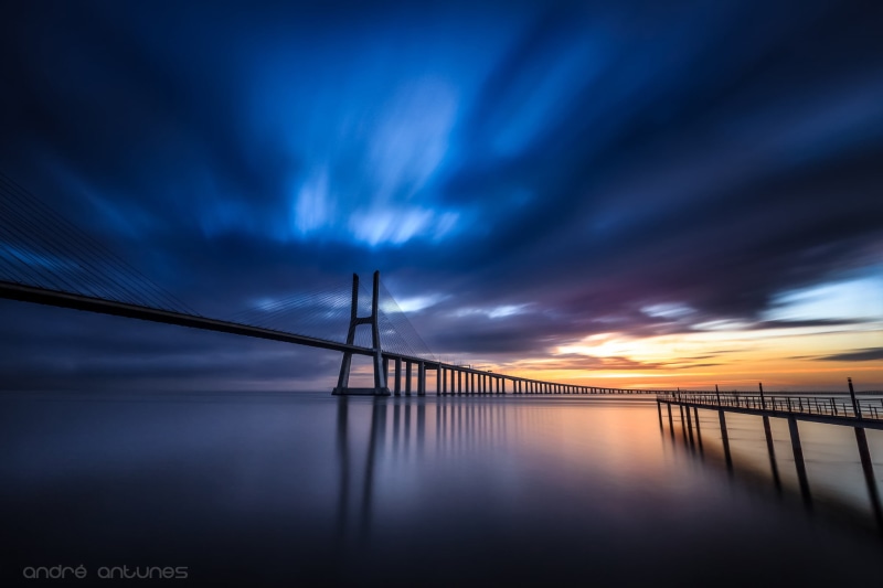 morning, suspension bridge, scenics - nature, bridge Vasco da Gama, connection, Portugal, sunset, bridge, nature, built structure, excerpt, no people, long exposure