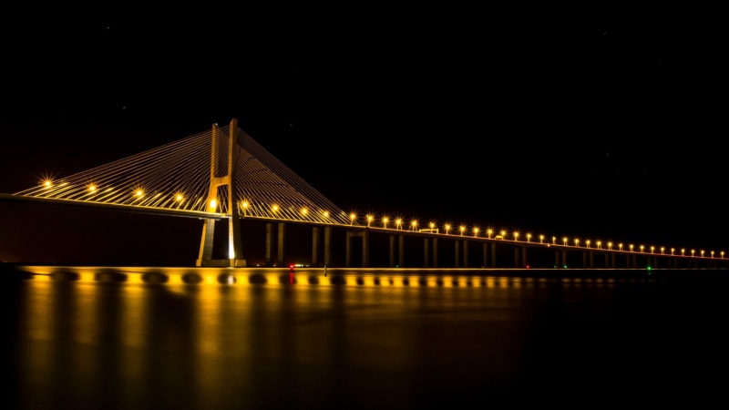 copy space, sky, connection, vasco da gama bridge, bridge, illuminated, travel destinations, nightlife, water, nature, architecture, 1080P, transportation