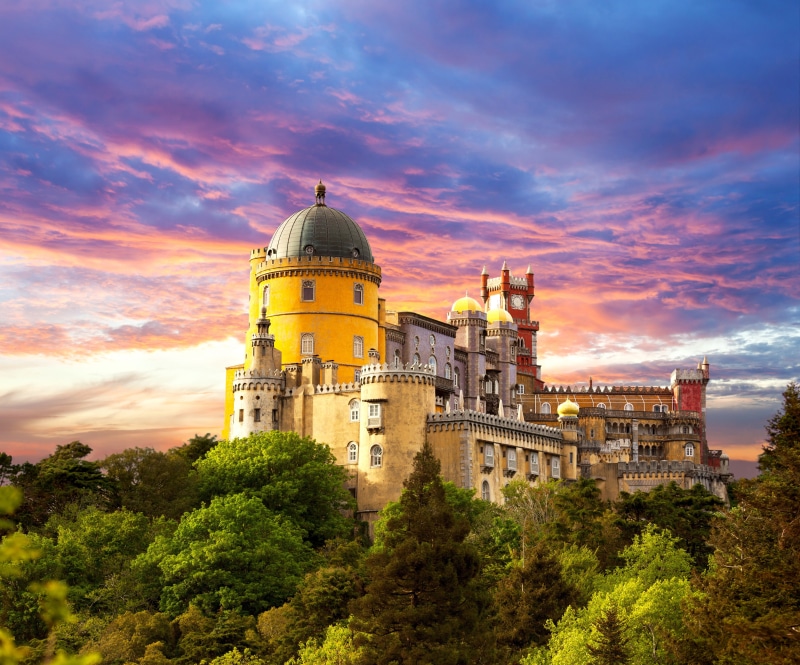 castle, 4K, Portugal, clouds, Sintra, tower, trees, nature, building, architecture, sunset