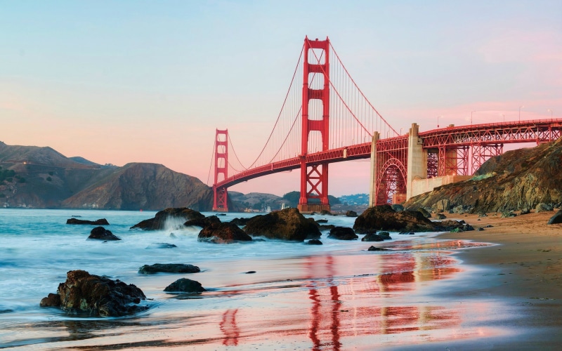 USA, rock - object, beach, building, solid, connection, red, engineering, suspension bridge, water, white, rock, nature, travel, Golden Bridge, bridge - man made structure