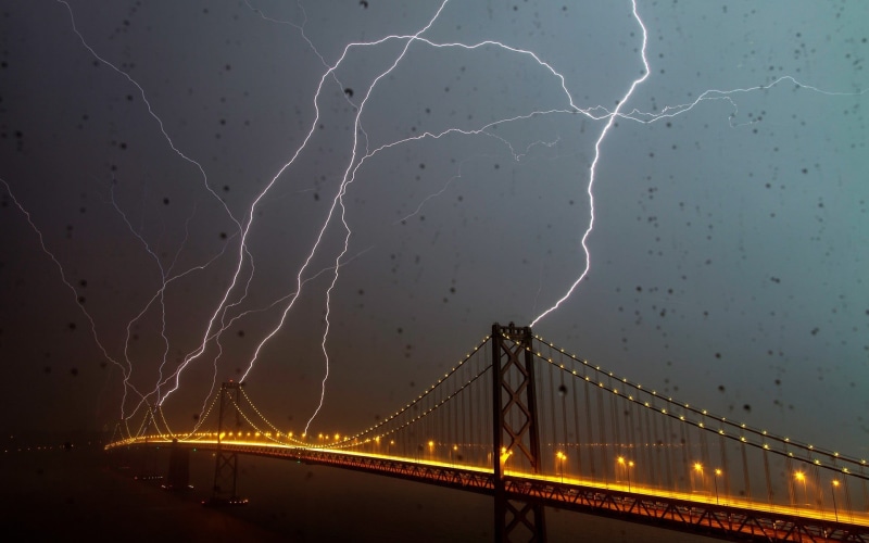 nature, 1080P, power in nature, suspension, transportation, thunderstorm, sky, illuminated, rain, water drops, sign, bridge, lightning, built structure