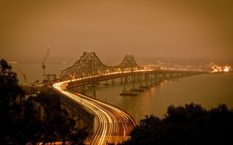 plant, tree, bridge - man made structure, illuminated, light trail, long exposure, built structure, city, San Francisco, bridge, transportation, high angle view