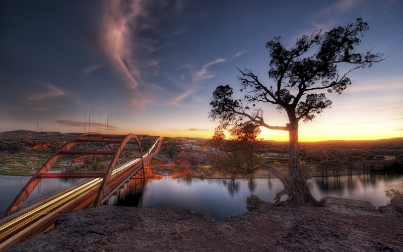 reflection, long exposure, tree, sunset, 2K, orange color, Pennybacker Bridge, nature, green, leafed, architecture, HDR, Austin (Texas), built structure
