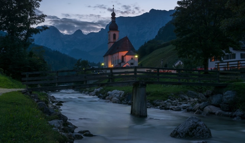 architecture, place of worship, wooden, tree, 1080P, mountains, sky, flowing water, church, building, landscape, water, rock, bridge, house, gray, religion