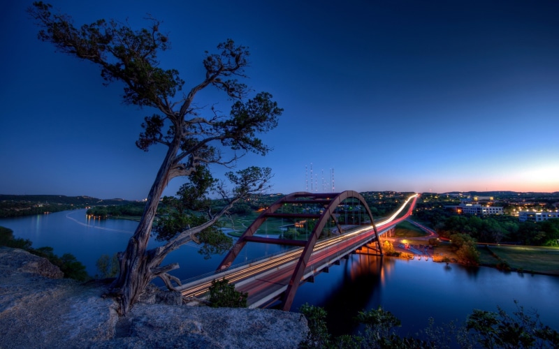 trees, light trails, Pennybacker Bridge, town, urban, river, USA, traffic, 360 Bridge, 2K, city, Austin (Texas), bridge, long exposure, Texas
