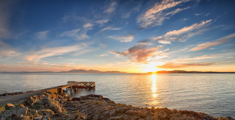 sky, ocean, sunset, dusk, coastline, wooden, nature, brown, scenics, summer, North, isle of arran, Scotland, beach, wide, dock, viewing, landscape, outdoors