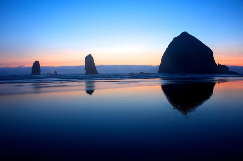 body of water, dusk, nature, 1080P, PNW, Pacific Ocean, sea, PacNW, body, travel, landscape, Haystack Rock, scenics, sunrise - Dawn, rock - Object, blue