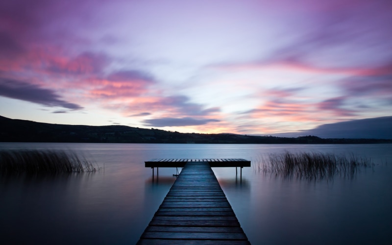 Purple, Surface, dock, Landscape, 1080P, Bridge, Sky, Wooden, Water, gray, Dawn, lake, Ireland, River