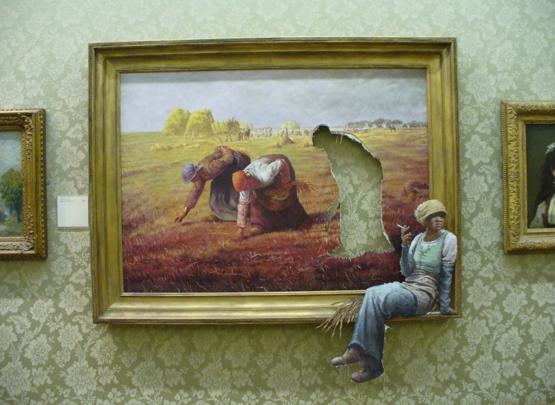 women, artwork, indoors, picture frame, casual clothing, picture frames, sitting, creativity, 720P, frame, representation, humor, men, Banksy, galleries