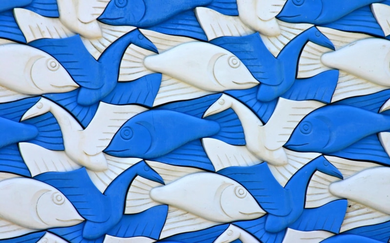 no people, plastic, full frame, 3D, animals, birds, day, pattern, M. C. Escher, still life, white, wall, animal, backgrounds, fish, abundance, bird, creativity