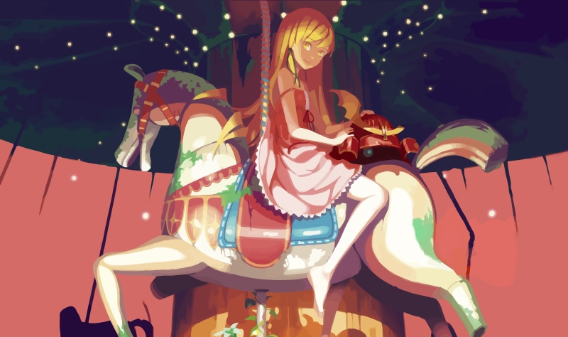 Bakemonogatari, art, The Shinobu Oshin, Vofan, 5K, carousel, starry sky, long hair, helmet, History Of Monsters, white horse