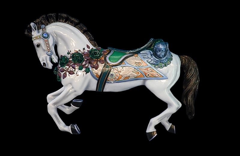 children, turn, ride, cut out, sculpture, still life, studio shot, oktoberfest, animal representation, white, fun, creativity, carousel, ceramic, black background