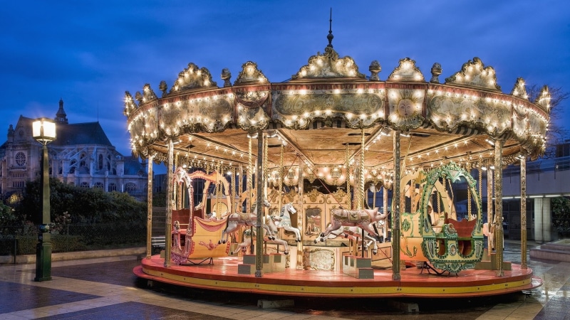 carousel horses, merry-go-round, amusement park, sky, night, carnival, Paris, 1080P, Man Made, Merry-Go-round, fun, dusk, Carousel, nature, architecture