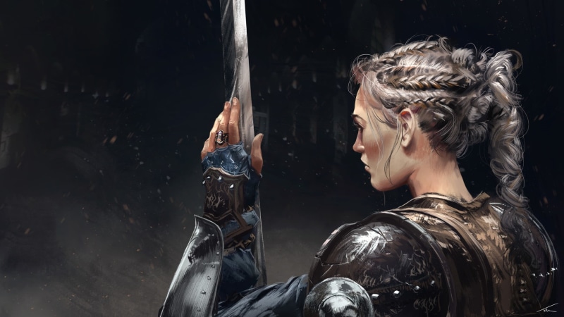 blond hair, costume, young adult, mouth open, armor, hair, one person, profile, waist up, Thomas Chamberlain - Keen, history, lifestyles, fantasy art, sword