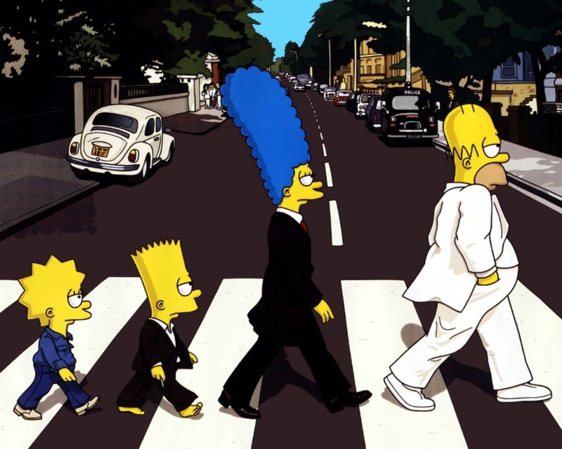 men, Abbey Road, illustration, city, tree, cheerful, 720P, land vehicle, The simpsons, plant, representation, day, urban Scene, simpsons, the transition