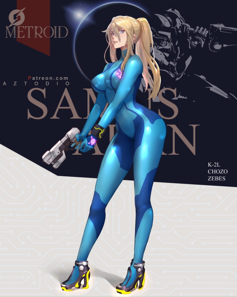 video game characters, women, Samus Aran, 4K, Azto Dio, digital art, artwork, Metroid, video games, fan art, illustration, drawing, gun, video game girls