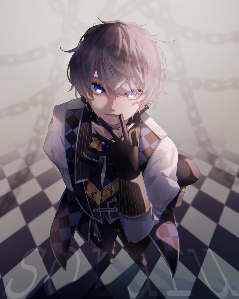 glowing eyes, 1080P, checkered, checkerboard, Male, chains, Utaite, gloves