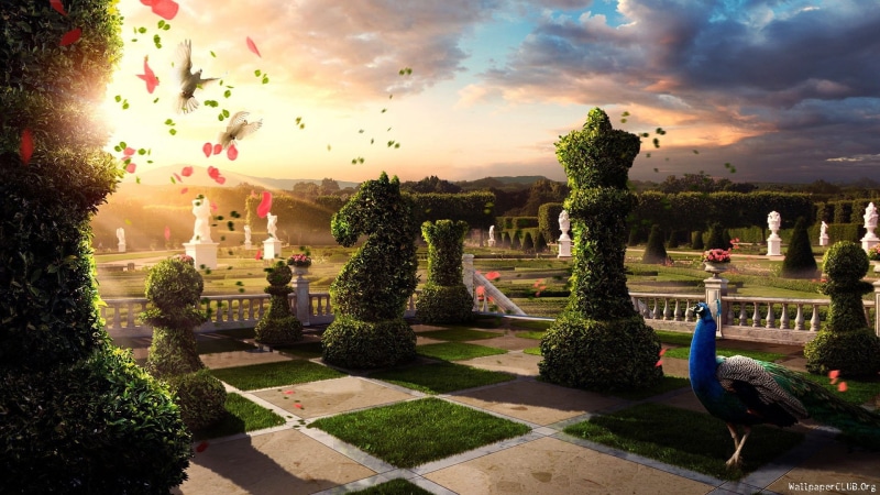 plants, blue, chess, beauty in nature, birds, animal, built structure, fantasy art, architecture, vertebrate, ornamental garden, cloud - sky, tree, park - man made space