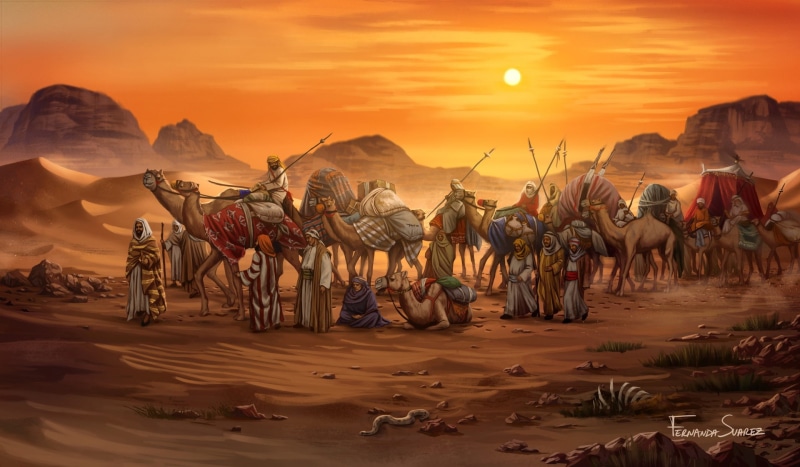 Game, Illustration, Camels, Art, Egypt, Figure, 1080P, Board Game, Caravan, Century Spice Road Art, Century Spice Road, Game Art, Sunset, Fernanda Suarez