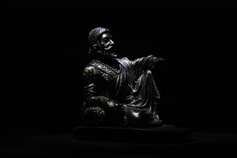 art and craft, human representation, black background, studio shot, shivaji, ornate, copy space, king shivaji, no people, statue, religion, indian king
